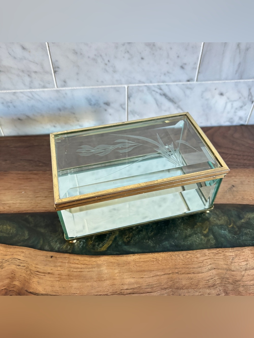 Vintage Beveled Glass and Brass Mirrored Jewelry Trinket Box w/ Etching (Small)